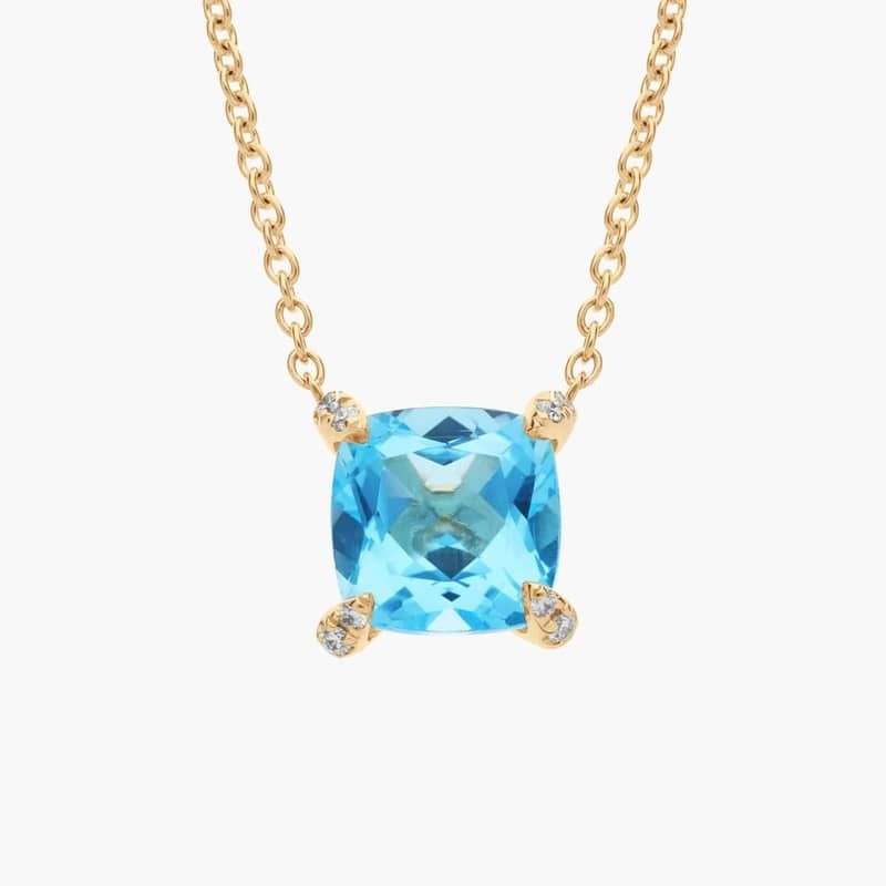Cushion Cut Swiss Blue Topaz and Diamond Accent Pendant in 14k Yellow Gold (7mm)