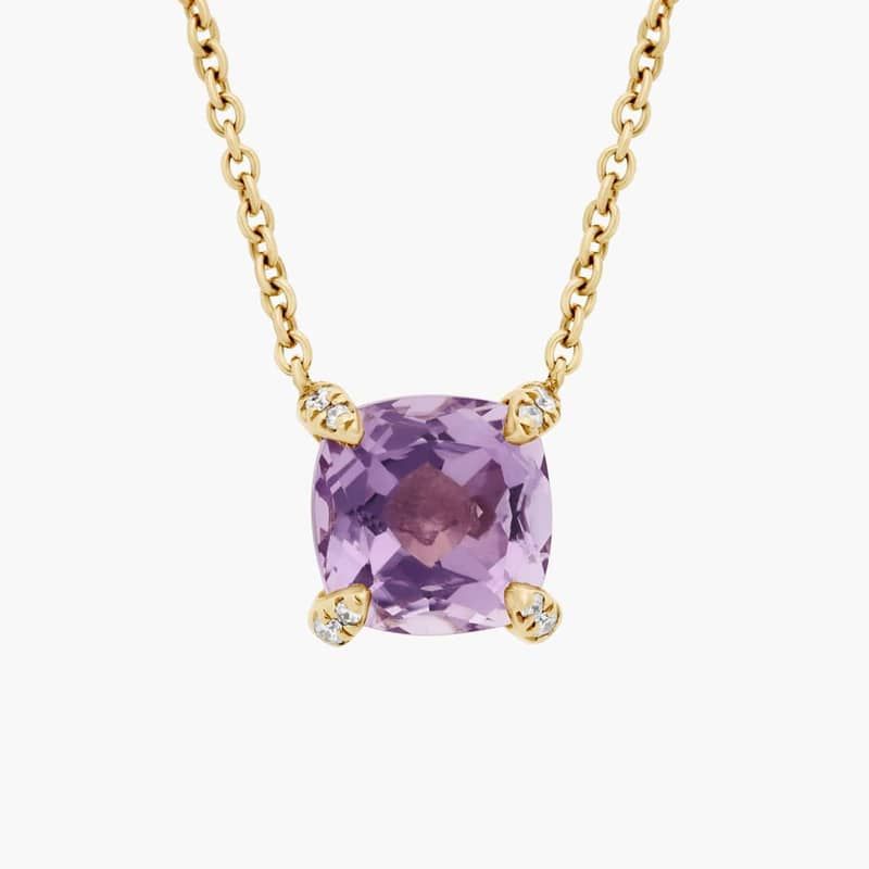 Cushion Cut Rose de France and Diamond Accent Pendant in 14k Yellow Gold (7mm)