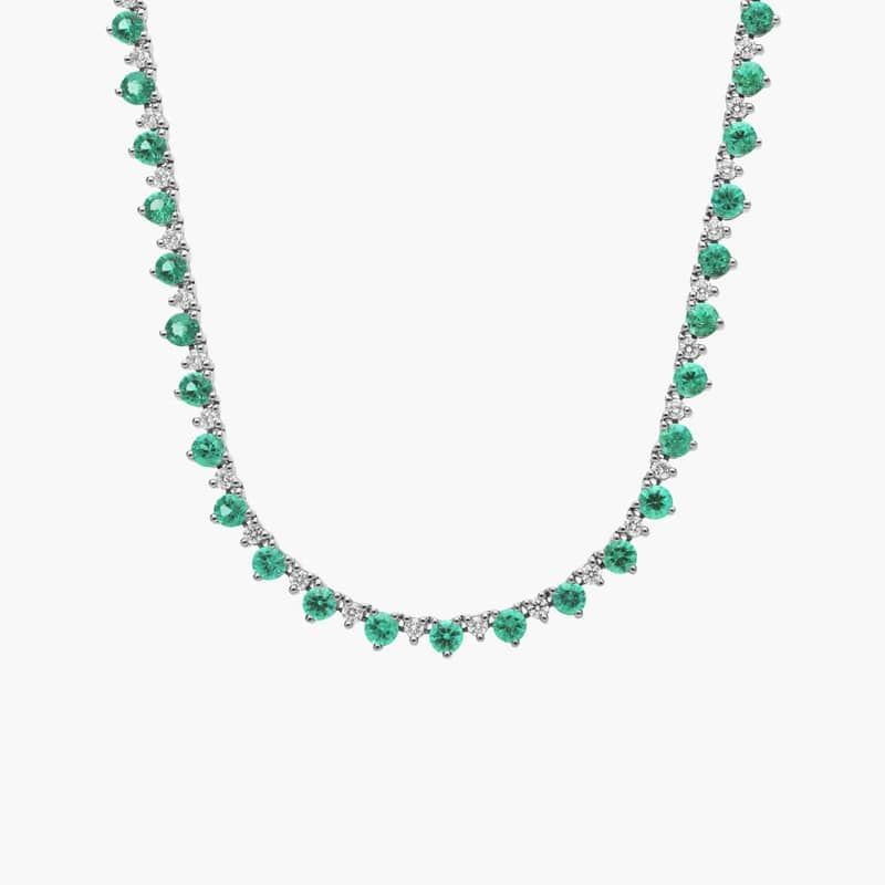 Emerald and Diamond Alternating Size Eternity Necklace in 14k White Gold (2.5mm)