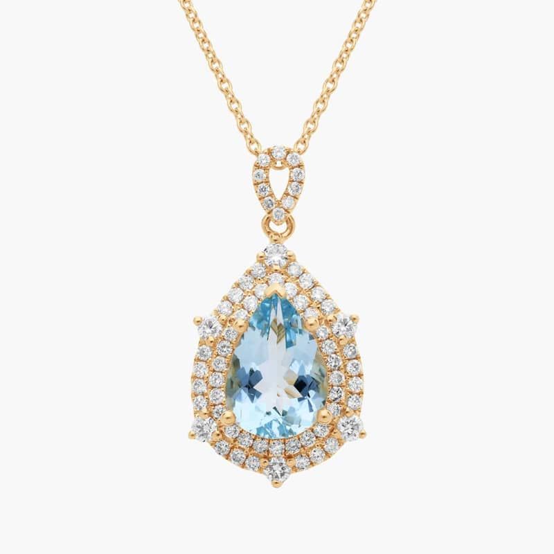 Pear Shaped Aquamarine and Diamond Double Halo Pendant in 14k Yellow Gold