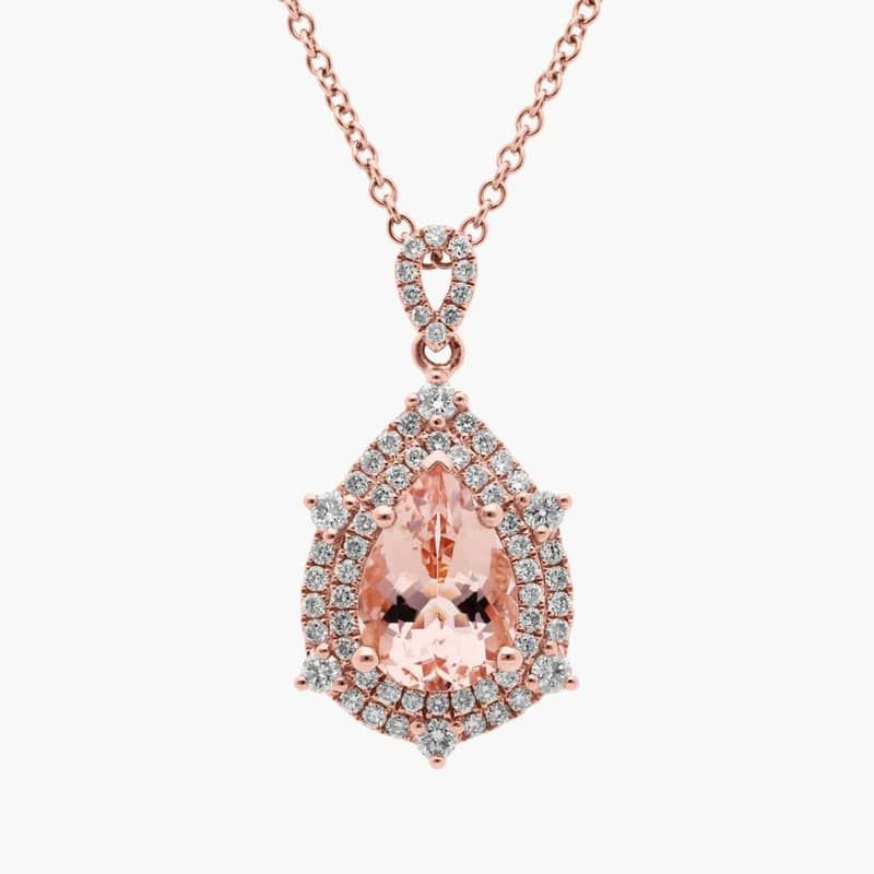 Pear Shaped Morganite and Diamond Double Halo Pendant in 14k Rose Gold