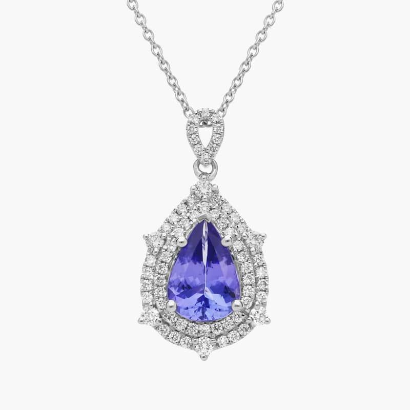 Pear Shaped Tanzanite and Diamond Double Halo Pendant in 14k White Gold