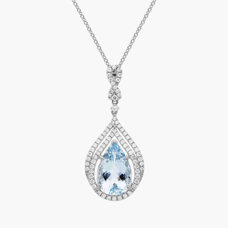 Pear Shaped Aquamarine and Double Diamond Halo Pendant in 14k White Gold