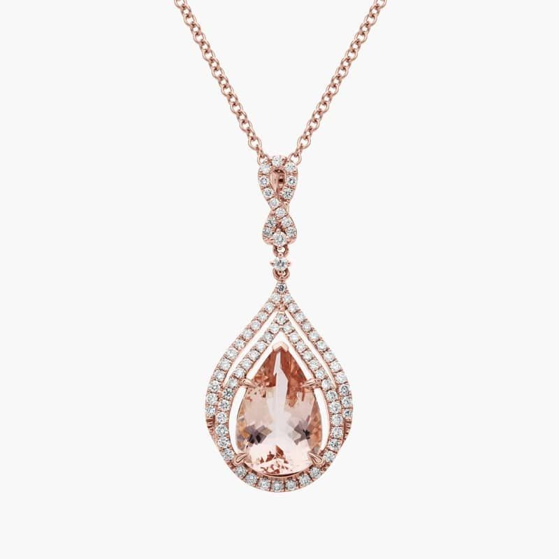 Pear Shaped Morganite and Double Diamond Halo Pendant in 14k Rose Gold