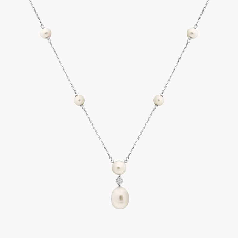 Stationed Freshwater Pearl Necklace with Drop Pendant in 14k White Gold