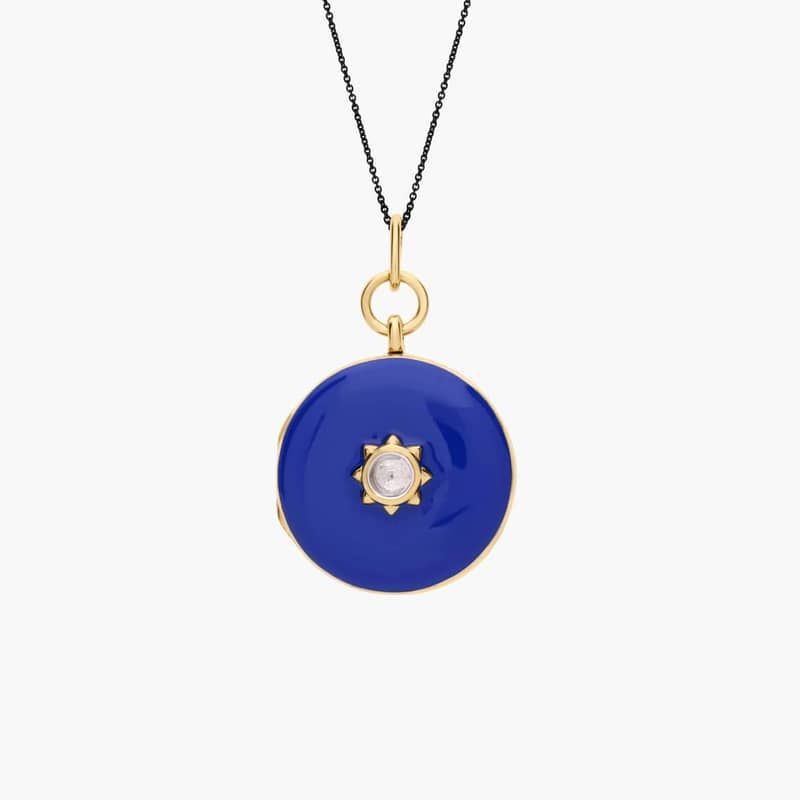 Monica Rich Kosann Blue Enamel Locket with Bezel Set White Topaz in 18k Yellow Gold and Sterling Silver