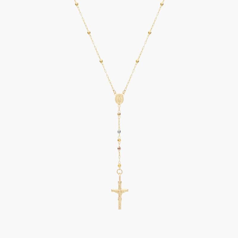 24" Polished Rosary Necklace in 14k Yellow, White, and Rose Gold