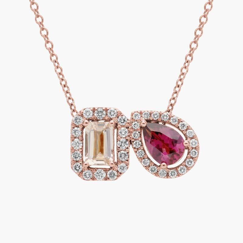 Morganite and Rhodolite with Diamond Halo Two Stone Pendant in 14k Rose Gold