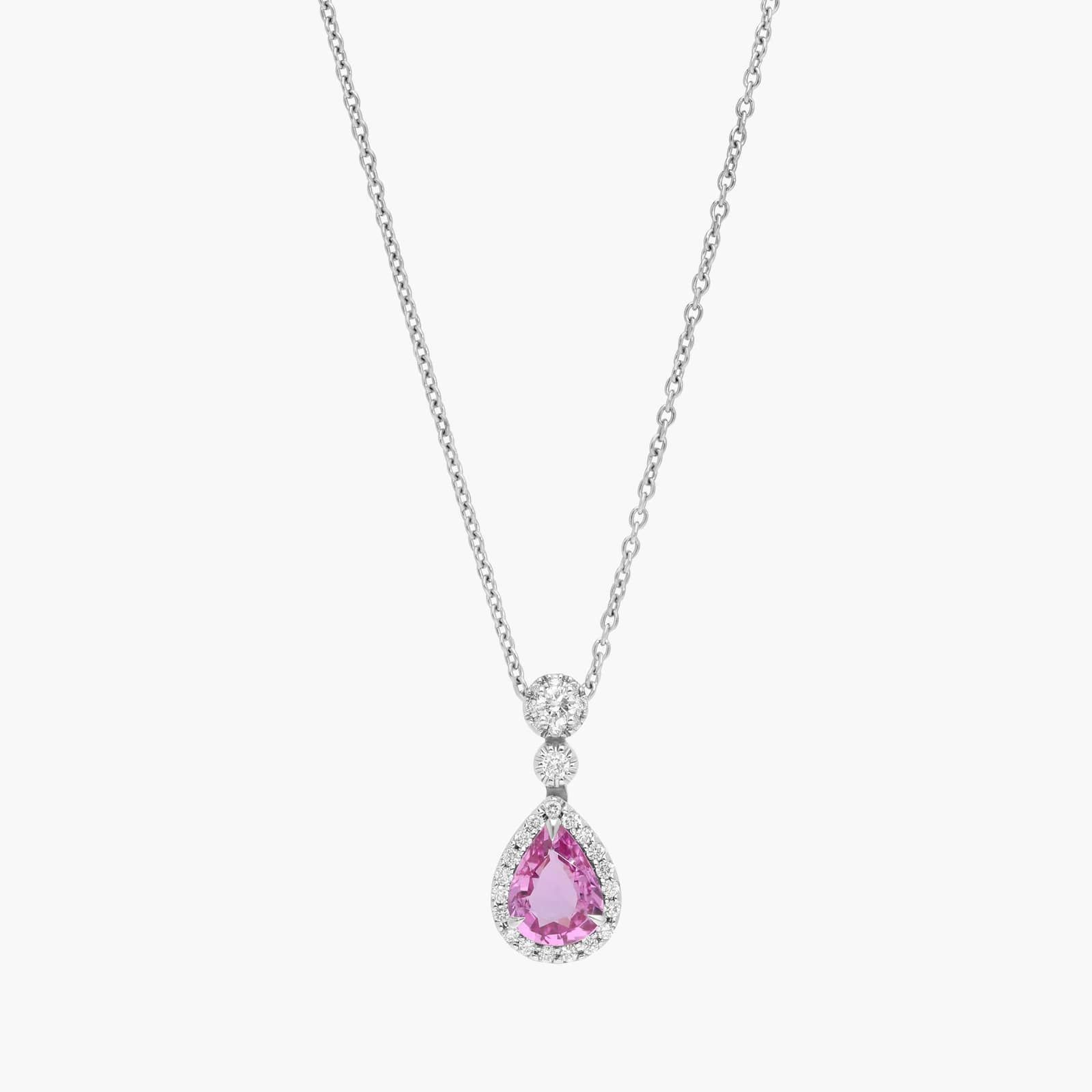 Pink Sapphire Diamond Halo Drop Pendant in 18k White Gold (8x6mm)