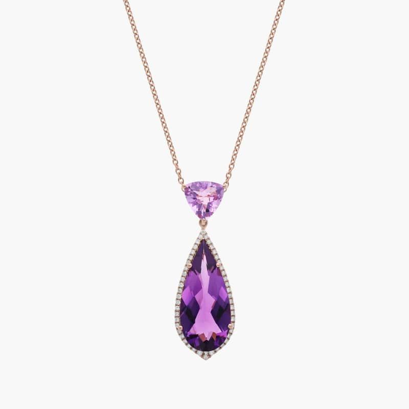 Mixed Shape Amethyst Pendant with Diamond Halo in 14k Rose Gold
