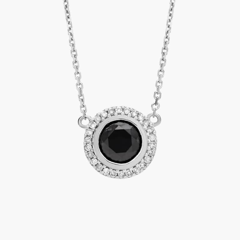 Black and White Diamond Halo Necklace in 14K White Gold