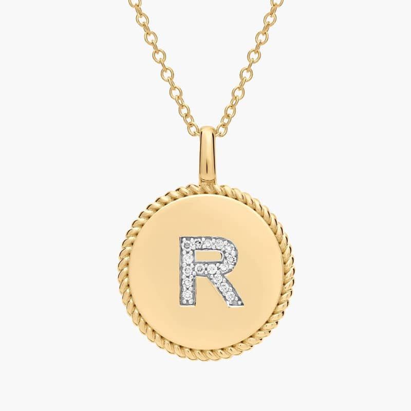 Pavé Diamond Letter R Initial Pendant in 14K Yellow Gold