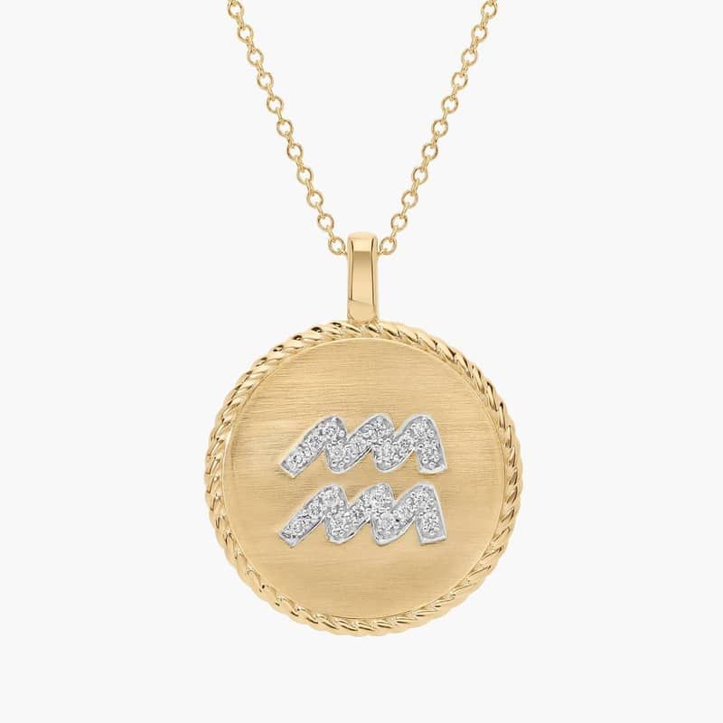 Pavé Diamond Aquarius Zodiac Pendant in 14K Yellow Gold
