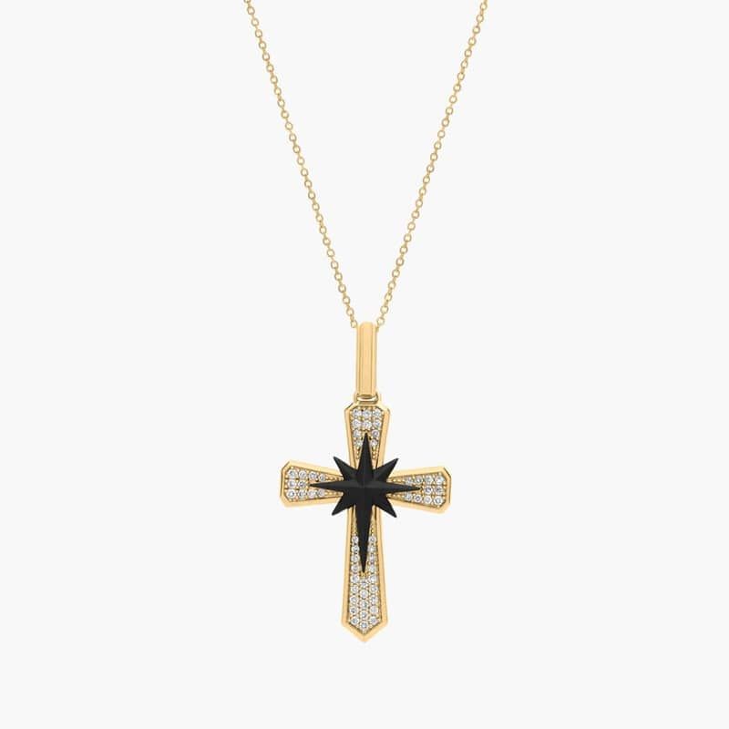 Cross Star Lab Grown Diamond Pendant in 14K Yellow and Black Gold