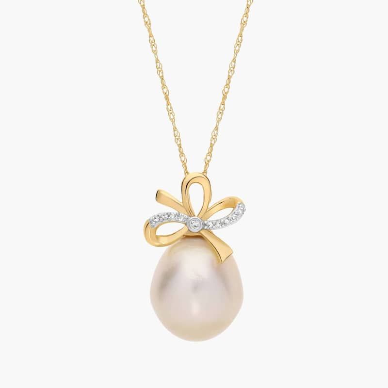 Golden South Sea Cultured Pearl and Diamond Accent Bow Pendant in 14K Yellow Gold