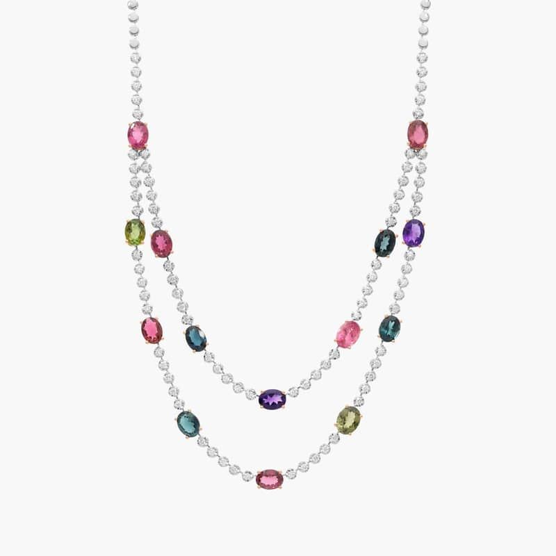 Extraordinary Collection: Green and Pink Tourmaline, Amethyst and Diamond Layered Station Necklace in 14K Two-Toned Gold