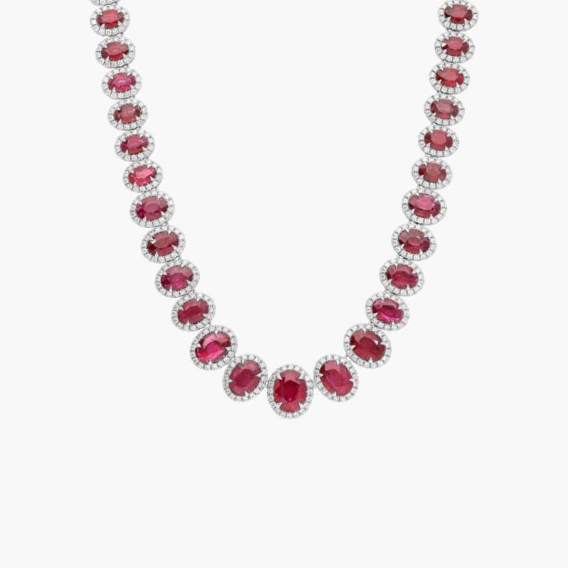 Extraordinary Collection: Ruby and Diamond Halo Statement Necklace in 18k White Gold