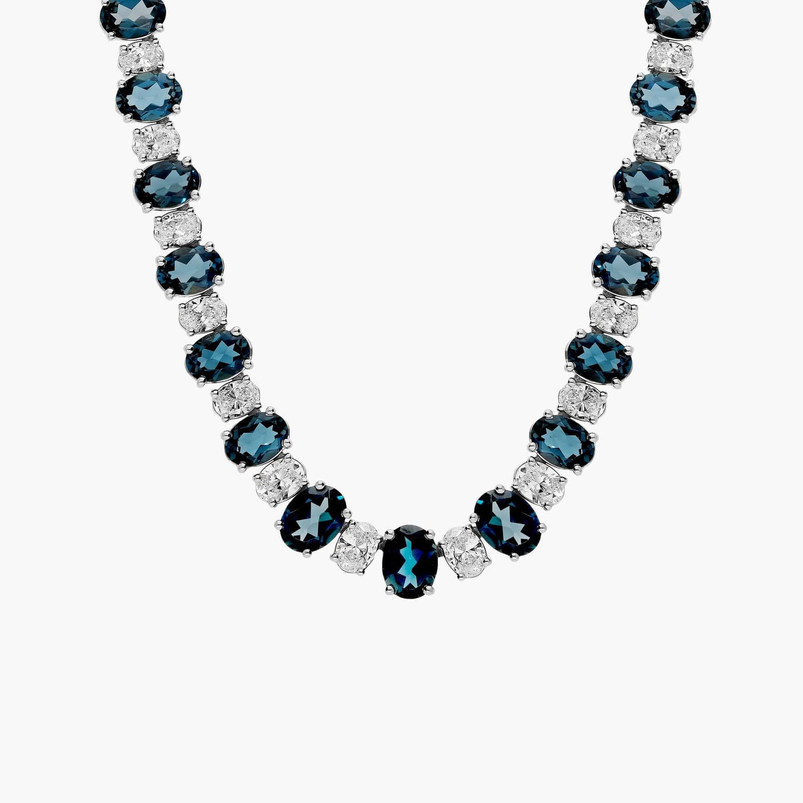 Oval Cut Diamond and Blue Topaz Alternating Eternity Necklace in 14K White Gold