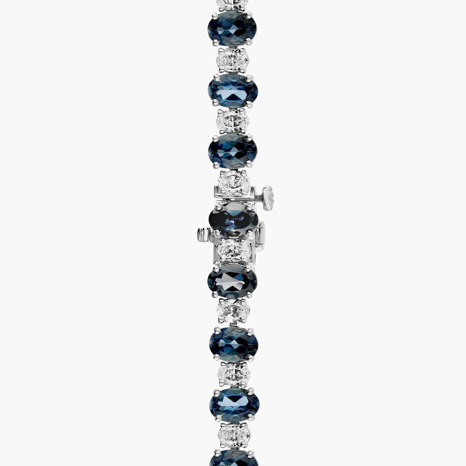 Oval Cut Diamond and Blue Topaz Alternating Eternity Necklace in 14K White Gold