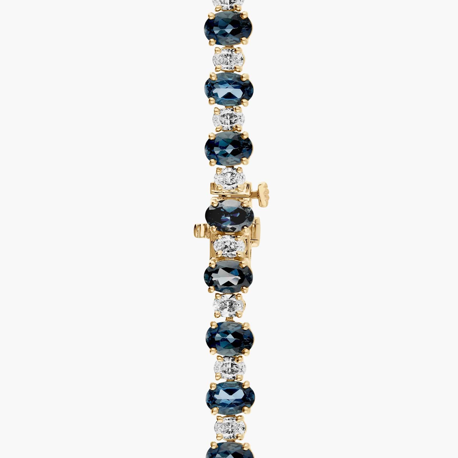 Oval Cut Diamond and Blue Topaz Alternating Eternity Necklace in 14K Yellow Gold