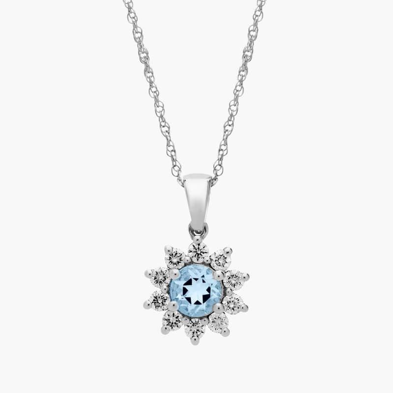 Round Aquamarine and Diamond Halo Pendant Necklace in 14k White Gold (6mm)