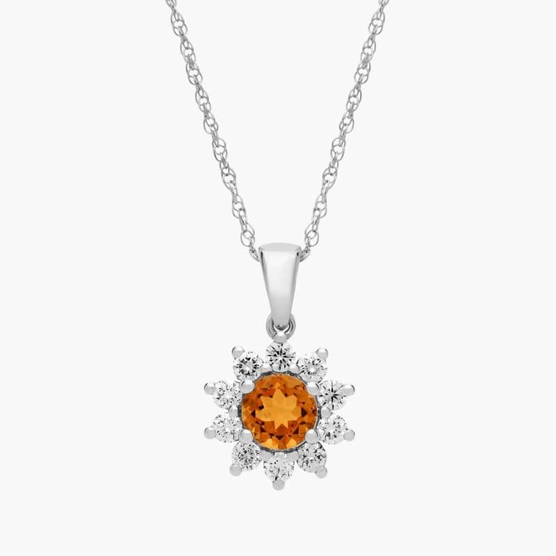 Round Citrine and Diamond Halo Pendant Necklace in 14k White Gold (6mm)