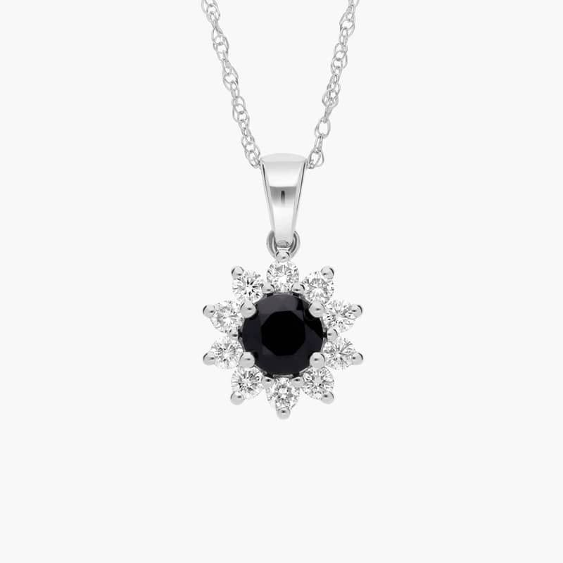 Round Black Onyx and Diamond Halo Pendant Necklace in 14k White Gold (6mm)