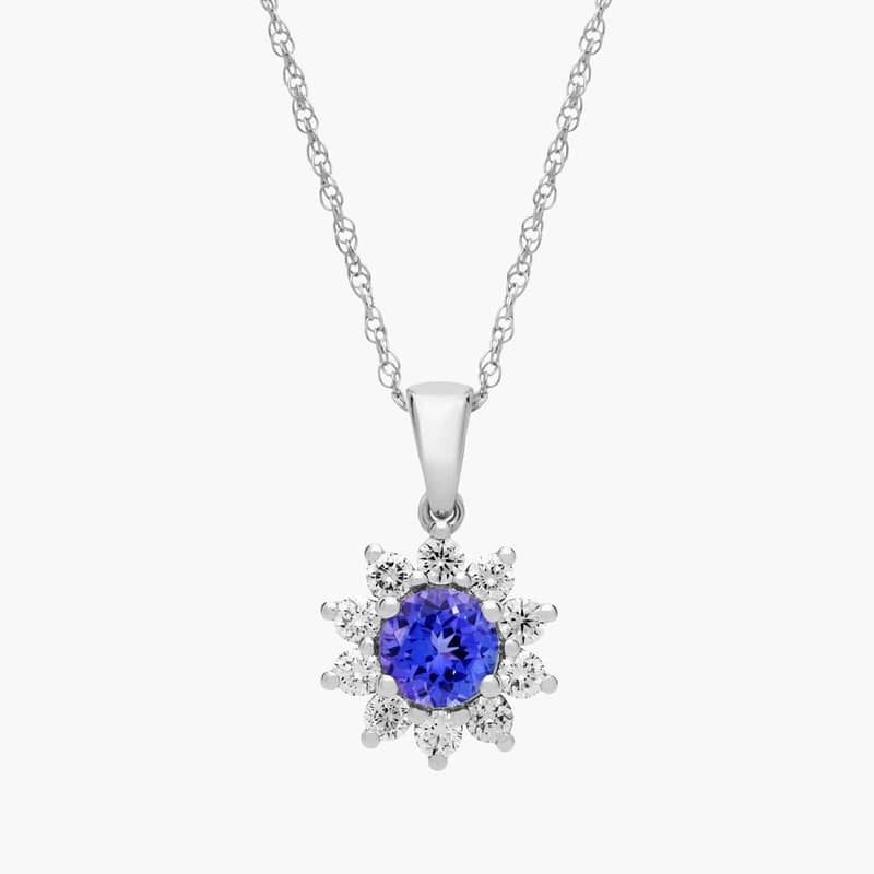 Round Tanzanite and Diamond Halo Pendant Necklace in 14k White Gold (6mm)