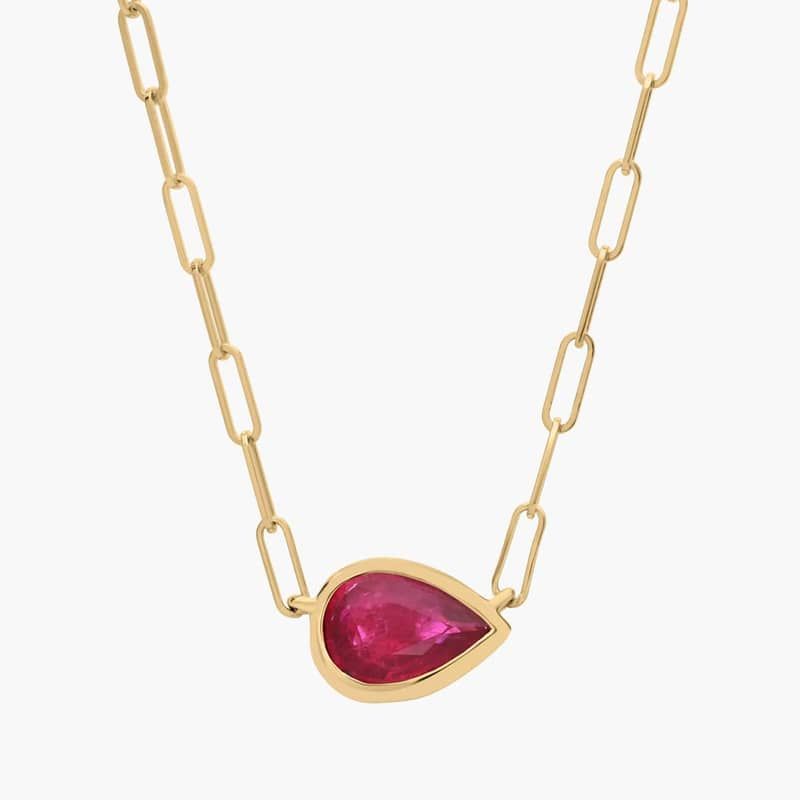 East-West Pear-Shaped Ruby Paperclip Necklace in 14K Yellow Gold