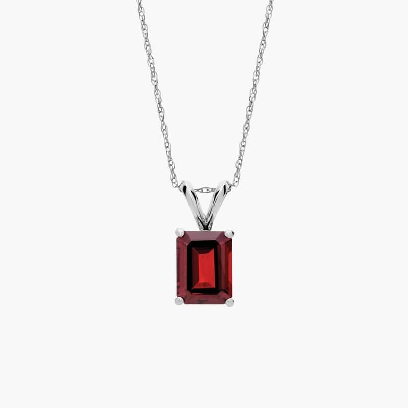 Emerald Cut Birthstone Garnet Pendant Necklace in 14K White Gold (8x6mm)