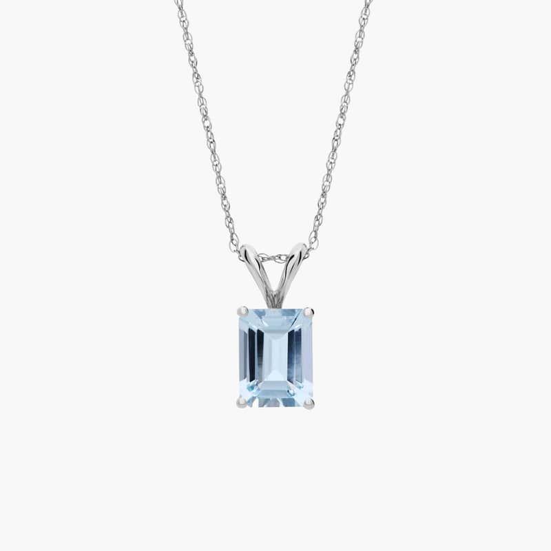 Emerald Cut Birthstone Aquamarine Pendant Necklace in 14K White Gold (8x6mm)