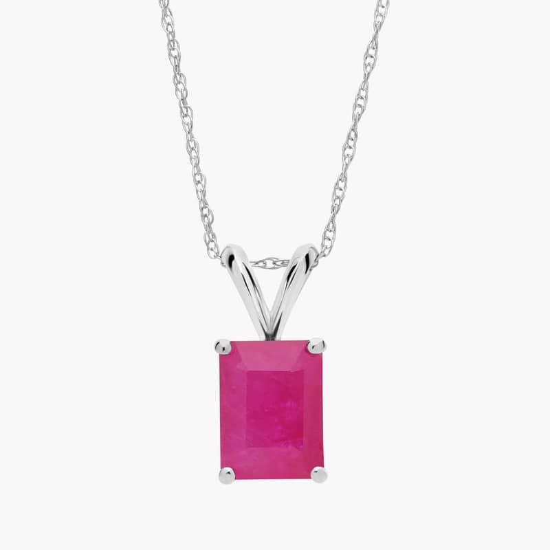 Emerald Cut Birthstone Ruby Pendant Necklace in 14K White Gold (8x6mm)