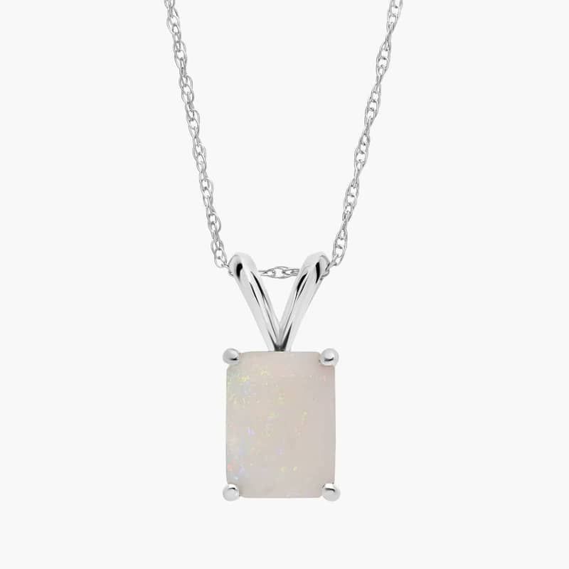 Emerald Cut Birthstone Opal Pendant Necklace in 14K White Gold (8x6mm)