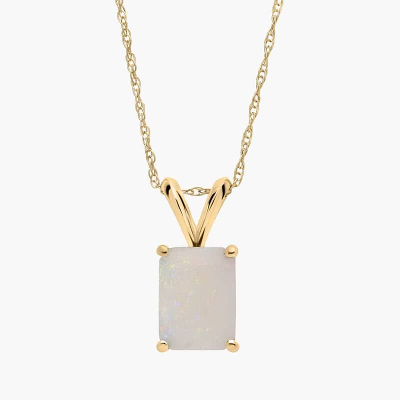 Emerald Cut Birthstone Opal Pendant Necklace in 14K Yellow Gold (8x6mm)