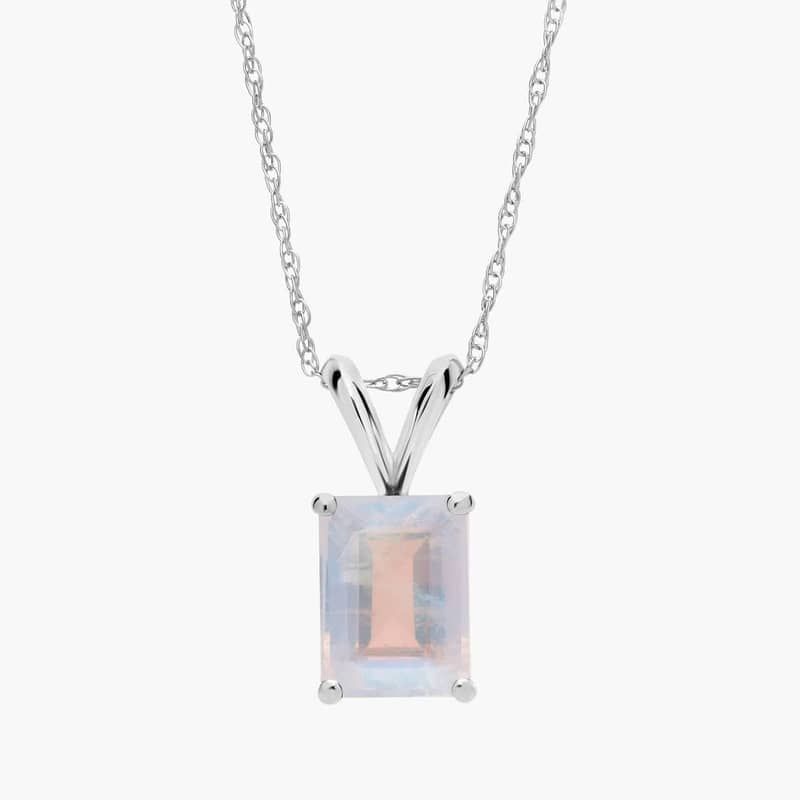 Emerald Cut Birthstone Moonstone Pendant Necklace in 14K White Gold (8x6mm)