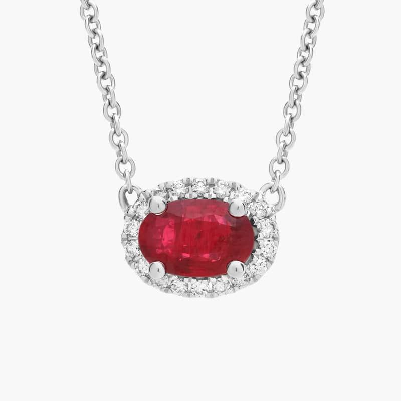 East West Oval Halo Ruby and Diamond Necklace in 18K White Gold (6x4mm)