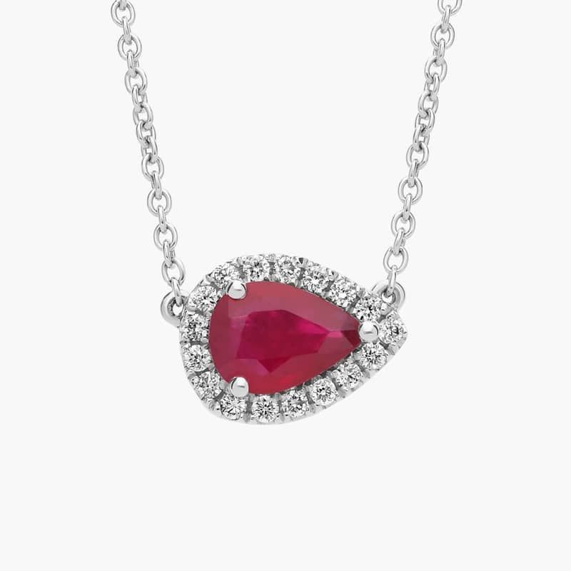 Sideways Pear Ruby and Diamond Halo Necklace in 18K White Gold