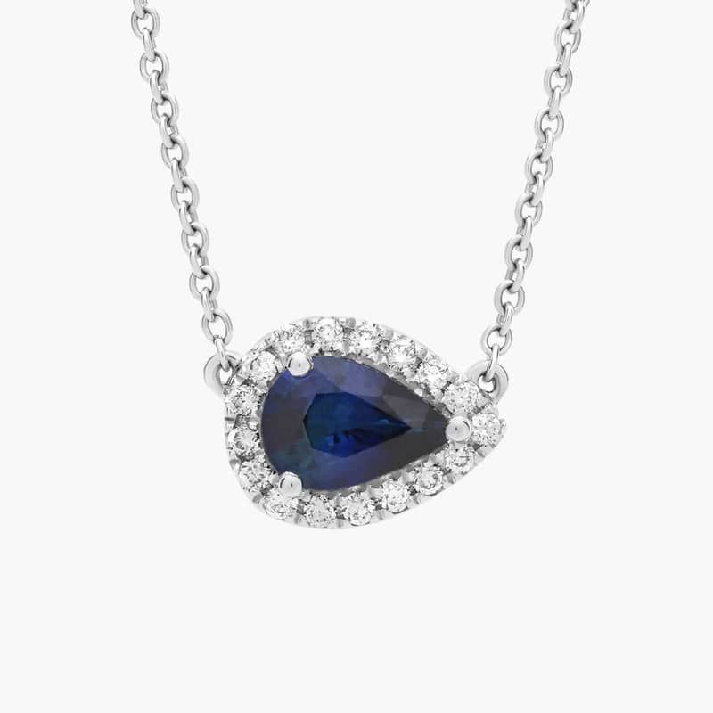 Sideways Pear Sapphire and Diamond Halo Necklace in 18K White Gold