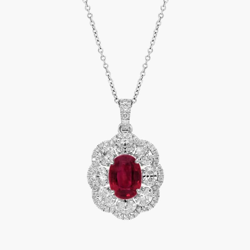 Extraordinary Collection: Oval Ruby and Diamond Flower Pendant in 18k White Gold