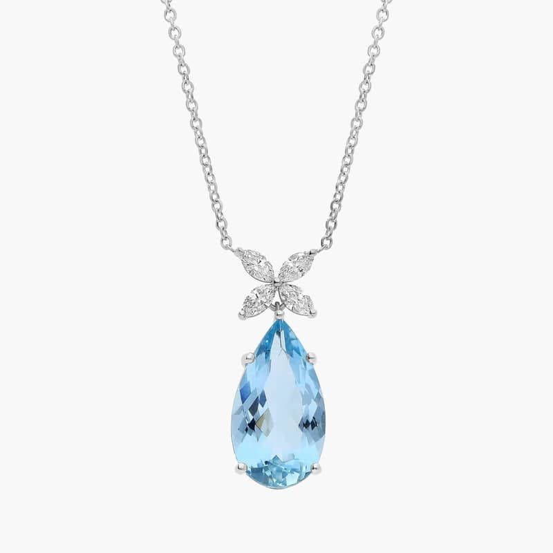 Extraordinary Collection: Pear Cut Aquamarine Flower Pendant in 18k White Gold