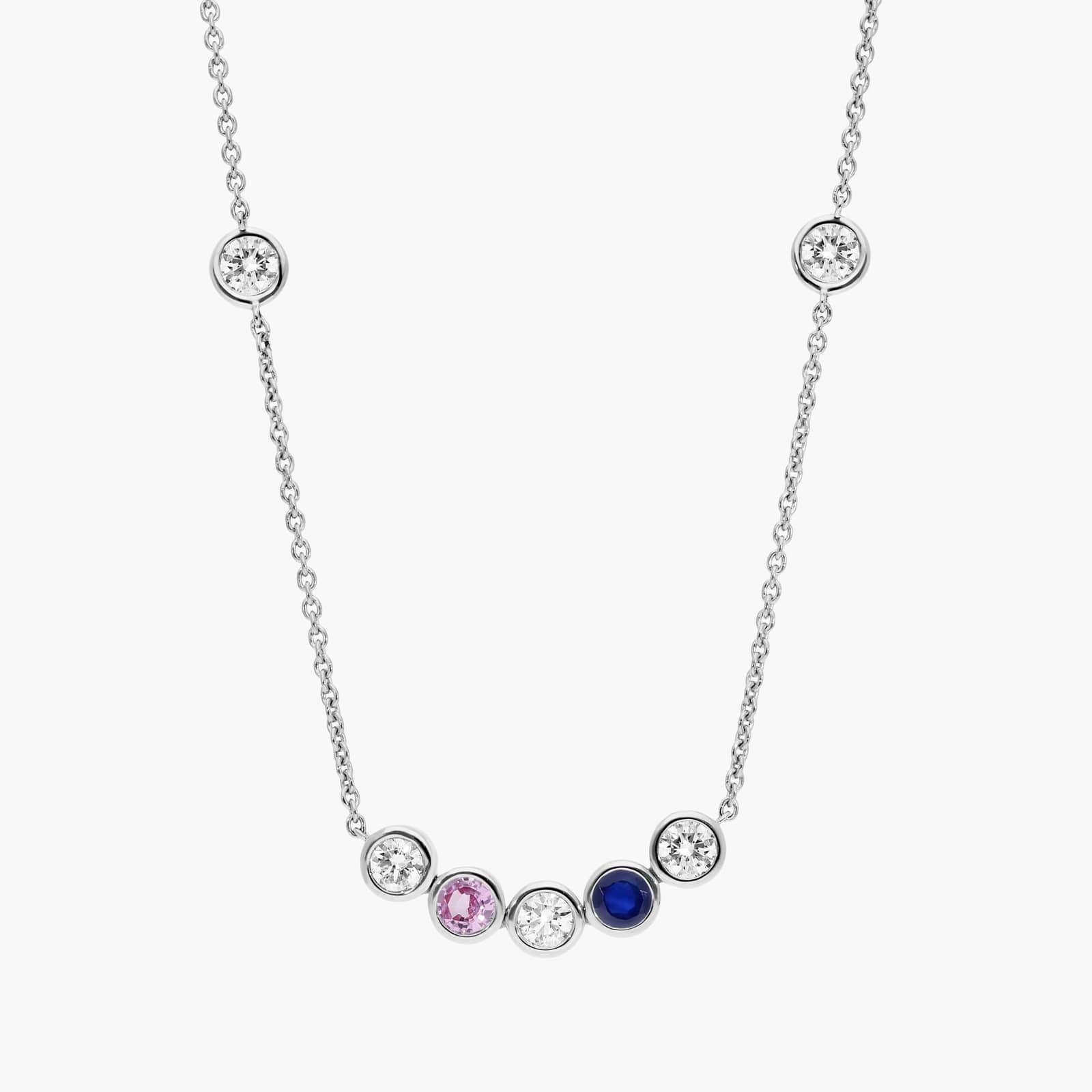 Personalized Round Cut Two Birthstone Smile Necklace With Lab-Grown Diamonds In 14K White Gold