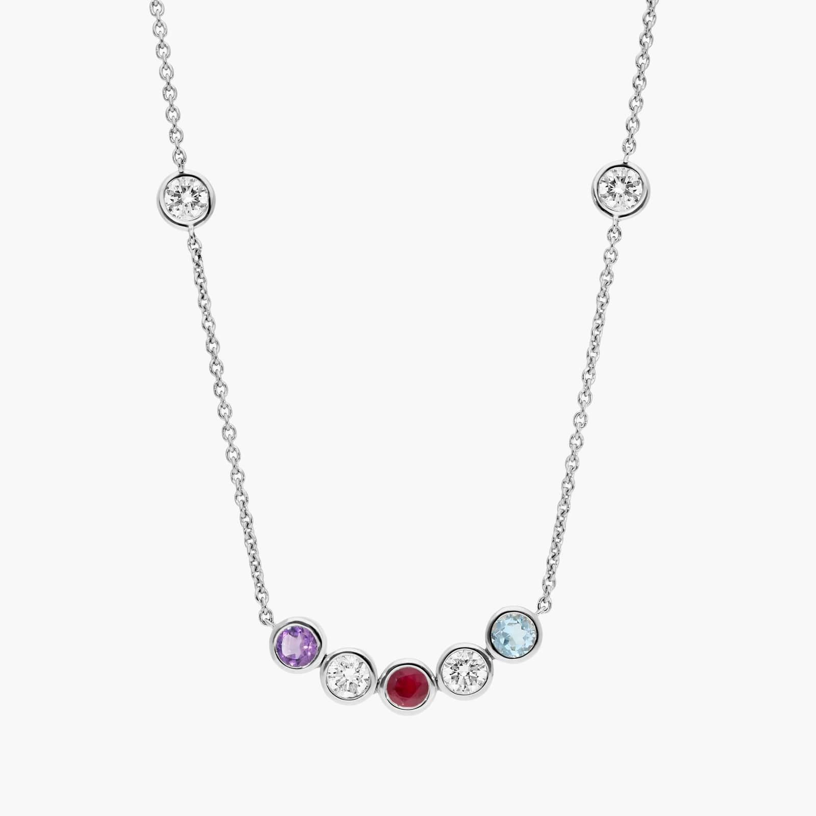 Personalized Round Cut Three Birthstone Smile Necklace With Lab-Grown Diamonds In 14K White Gold