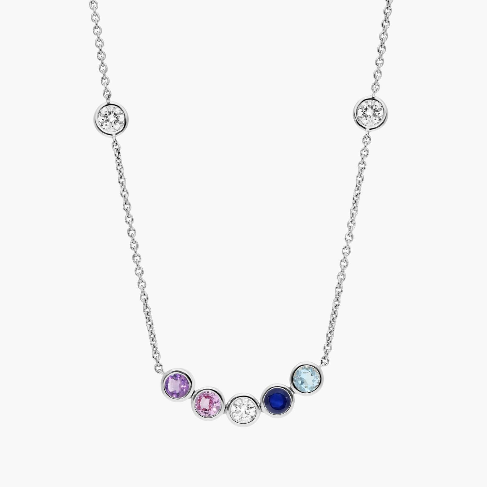 Personalized Round Cut Four Birthstone Smile Necklace With Lab-Grown Diamonds In 14K White Gold