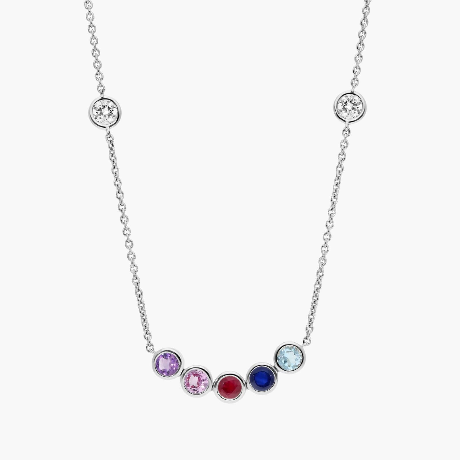 Personalized Round Cut Five Birthstone Smile Necklace With Lab-Grown Diamonds In 14K White Gold