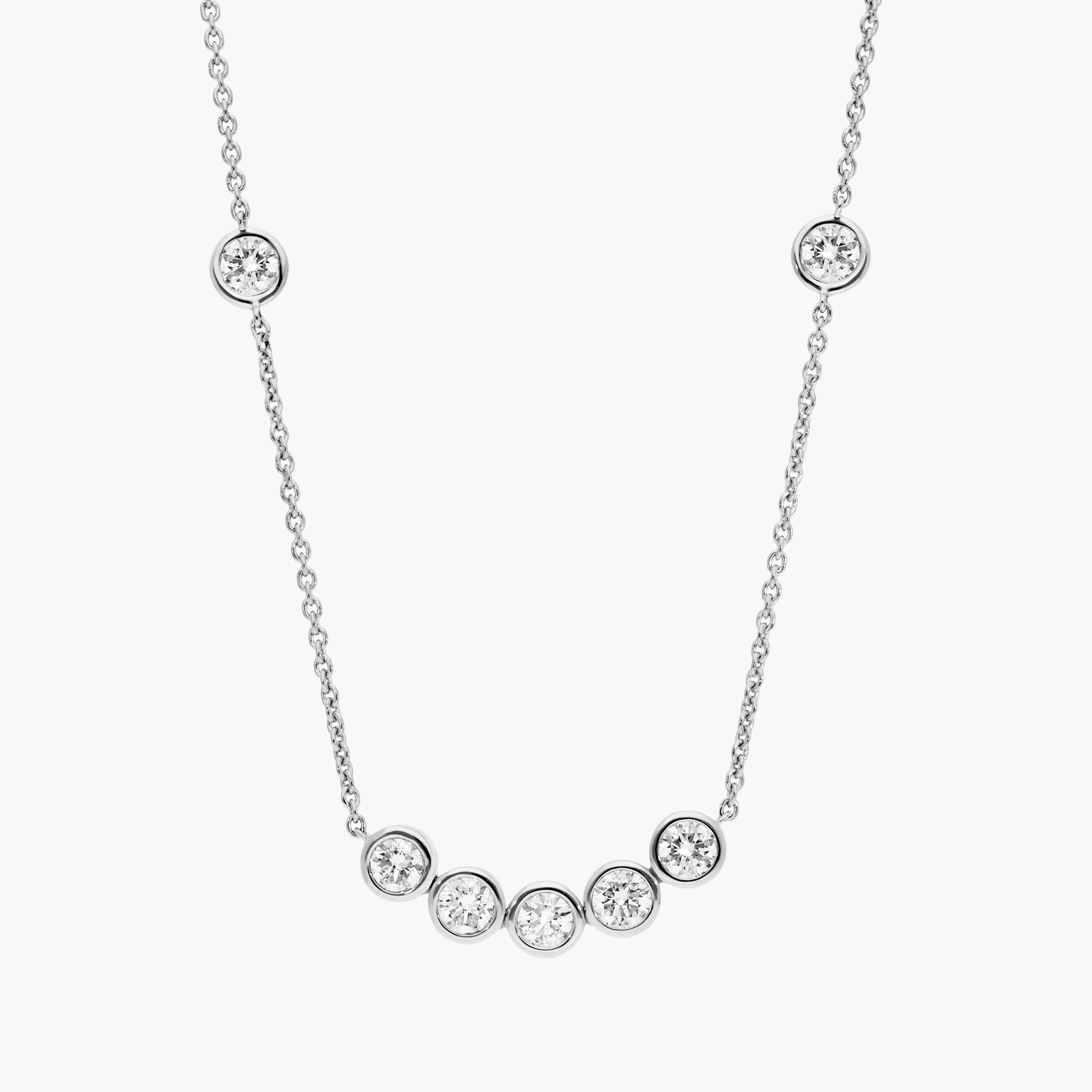 Personalized Round Cut Five Birthstone Smile Necklace With Lab-Grown Diamonds In 14K White Gold