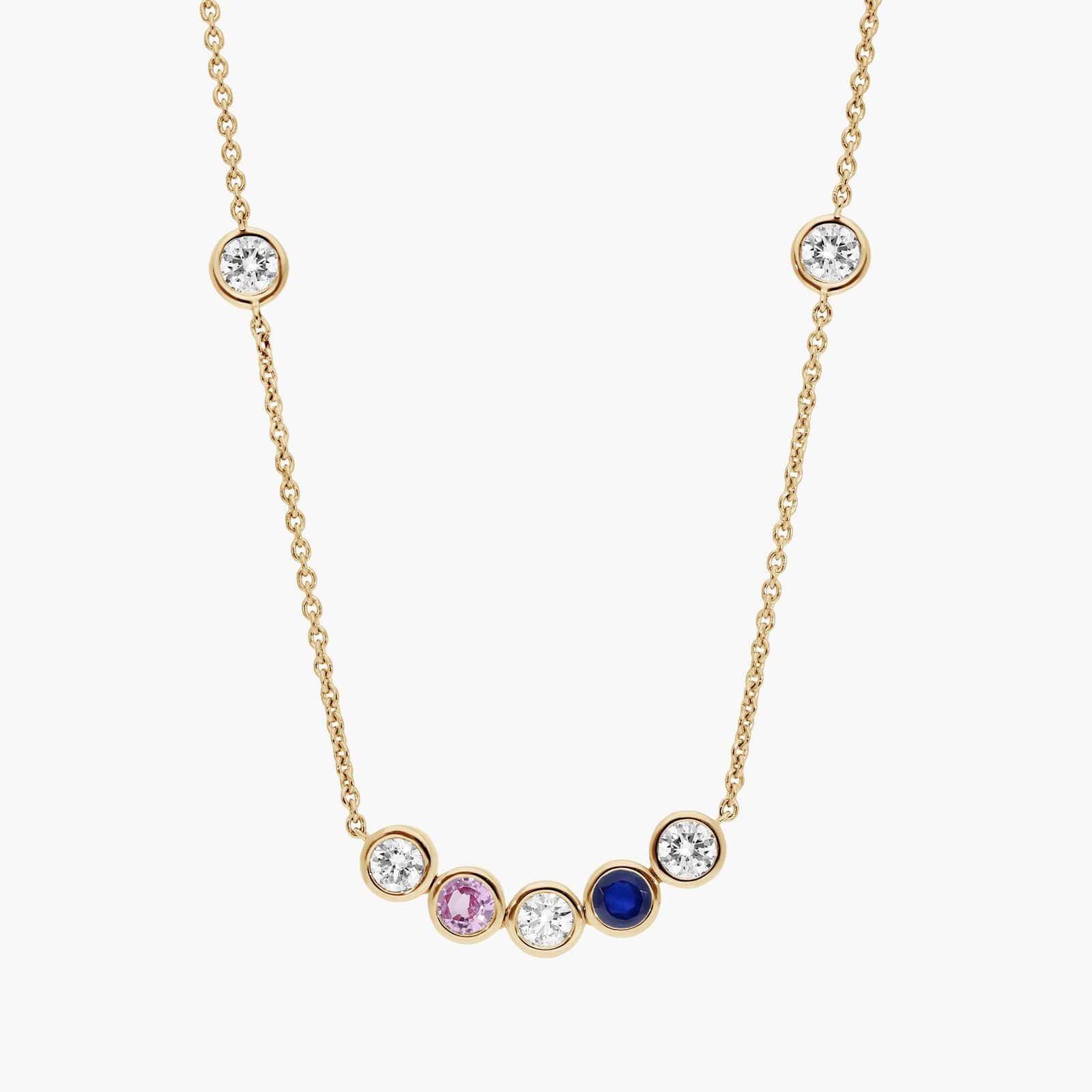 Personalized Round Cut Two Birthstone Smile Necklace With Lab-Grown Diamonds In 14K Yellow Gold