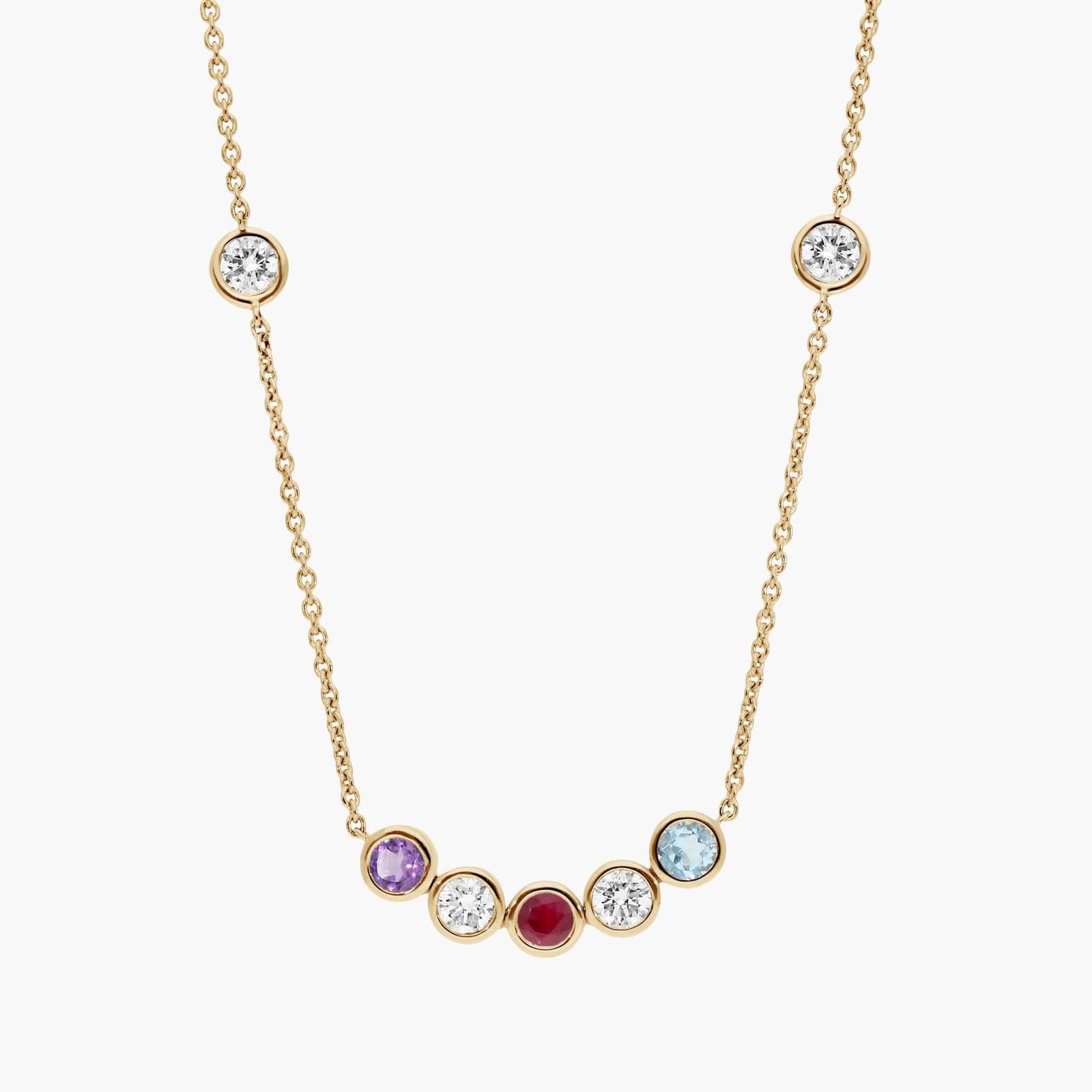 Personalized Round Cut Three Birthstone Smile Necklace With Lab-Grown Diamonds In 14K Yellow Gold