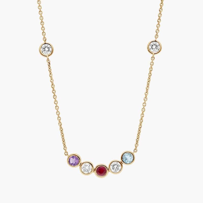 Personalized Round Cut Three Birthstone Smile Necklace With Lab-Grown Diamonds In 14K Yellow Gold