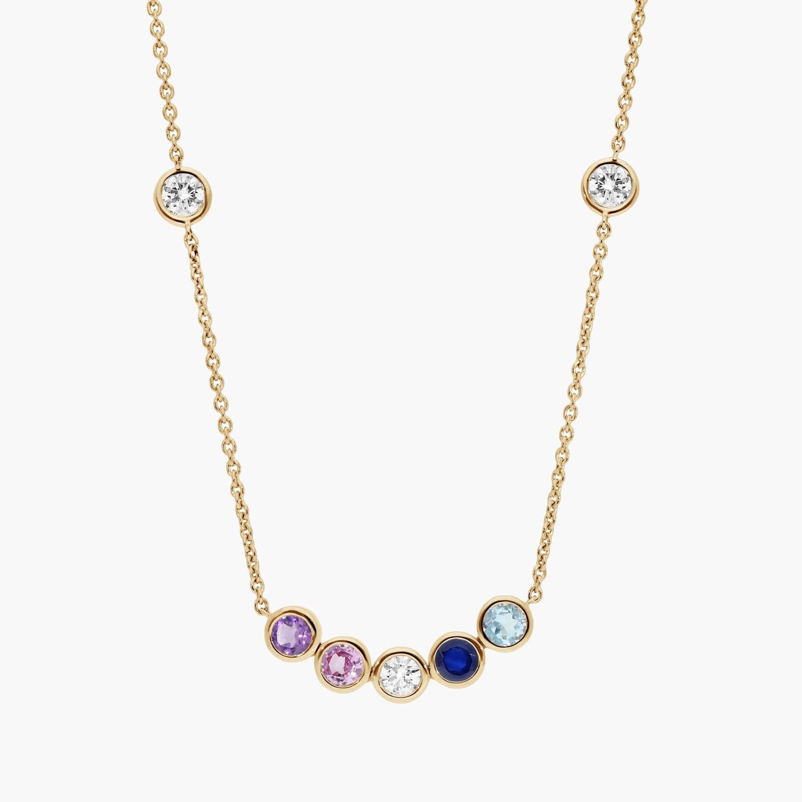 Personalized Round Cut Four Birthstone Smile Necklace With Lab-Grown Diamonds In 14K Yellow Gold
