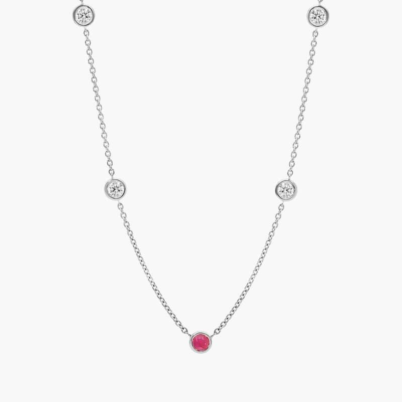 Personalized Round Cut Single Birthstone Station Necklace With Lab-Grown Diamonds In 14K White Gold